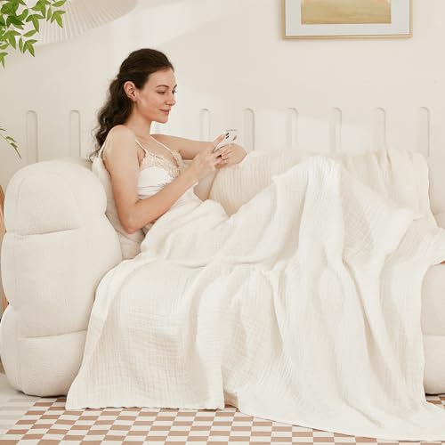 EMME Cotton Muslin Throw Blanket for Couch Breathable Gauze Soft Lightweight Blankets for Adults (White,50"x60") - color: 04-white-1, size: Throw (50" X 60")