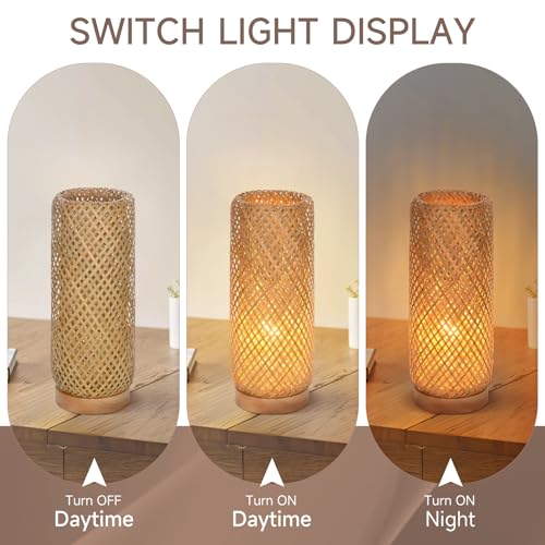 Bamboo Table Lamp，Boho Rattan Bedside Lamp for Bedroom, Vintage Wicker Wooden Nightstand Lamp Shade Rustic Farmhouse Indirect Lighting Accent Light Decor for Living Room