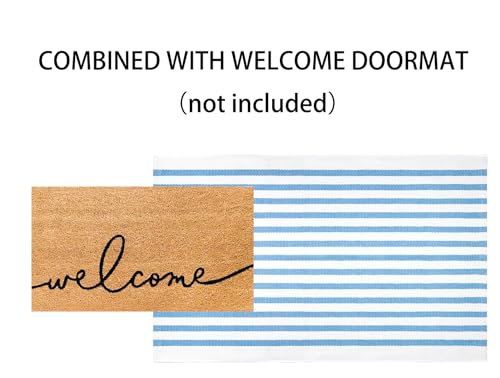 Light Blue White Outdoor Front Door Mat 24"x35",Cotton Woven Washable Striped Layered Doormat Indoor Outdoor Area Rug for Entryway Porch Decor Home Entrance - color: Blue White, size: 2' x 3' (Rectangular)