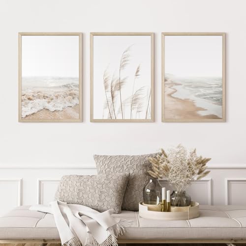 Beach Wall Art Boho Prints Coastal Canvas Wall Art Beach Pictures Pampas Grass Ocean Poster Plant Landscape Beach Scene Artwork for Living Room Bedroom Decor 12x16x3 Inch Wood Framed - color: Beach Art Prints, size: 12x16 Inch Wood Framed
