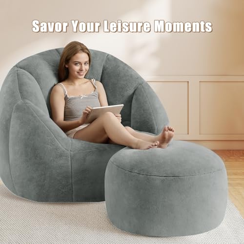 Round Stuffed Pouf Ottoman Foot Rest, Faux Fur Poufs with Memory Foam Filling, Ottomans for Living Room, Nursery, Dorm, Soft Foot Stool Ottoman for Couch, Perfect for Resting Your Feet (Grey, 20 Inch) - color: Grey, size: 20.1"D x 20.1"W x 15"H