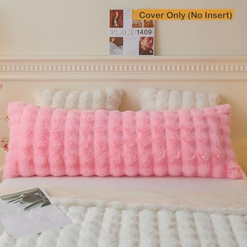 LIFEREVO Fluffy Faux Rabbit Fur Body Pillow Cover, Soft Cute Bubble Waffle Shaggy Plush Bed Body Pillowcase with Zipper Closure, Long 20"x54" Fuzzy Furry Pillow Case for Pregnancy Side Sleeper, Pink - color: Pink