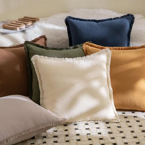 MANDIOO Set of 2 Neutral Cotton Fringe Throw Pillow Covers Decorative Boho Farmhouse Cushion Covers Cozy Tassels Pillowcase for Couch Sofa Bedroom Living Room Home Decor 22x22 Inch Beige - color: Beige, size: 22" x 22" (Pack of 2)