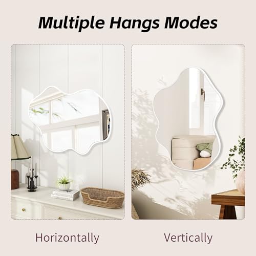 Tanmicoshomy White Irregular Wall Mirror 24x36 Inch, Cloud Shaped Frame Asymmetrical Wavy Mirror with Tempered Glass for Bathroom Bedroom Living Room or Entryway - color: White, size: 36"L x 24"W