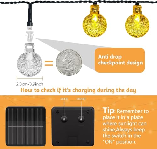 Solar String Lights Outdoor Waterproof, 1 Pack 50 LED 2.3CM 23 FT Each, Solar Powered Patio Lights with 8 Lighting Modes for Garden Yard Porch Wedding Party.. (Warm Color) - color: warm color