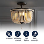 JONATHAN Y 14" Black and Light Taupe Wood Beaded LED Semi Flush Mount Light, Boho Farmhouse 3-Light Ceiling Chandelier with Cream Wood Bead Shade for Nursery, Bedroom JYL9020A - color: Black/Light Taupe