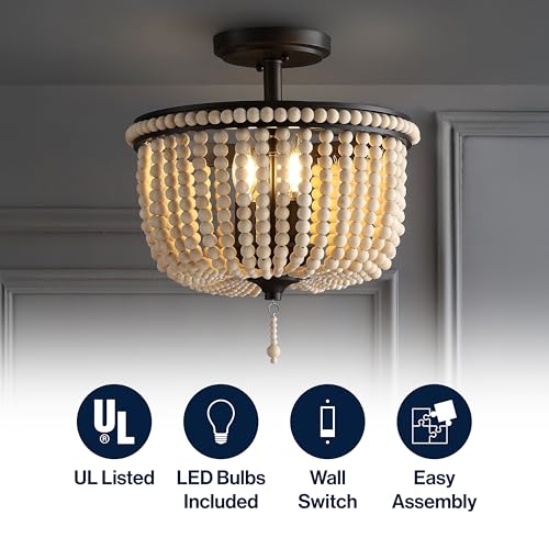JONATHAN Y 14" Black and Light Taupe Wood Beaded LED Semi Flush Mount Light, Boho Farmhouse 3-Light Ceiling Chandelier with Cream Wood Bead Shade for Nursery, Bedroom JYL9020A - color: Black/Light Taupe
