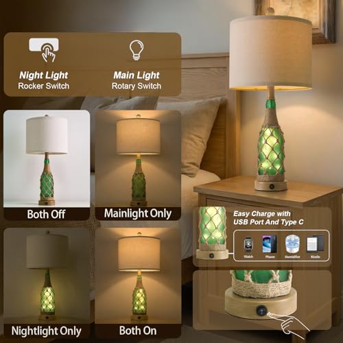 OYEARS 23'' Boho Table Lamps with Night Light for Living Room, Bedside Lamps Set of 2 with A+C Charging Ports for Bedroom, Farmhouse USB Lamps for Nightstand Console, Glass Bottle Rope Base, Green - color: Green