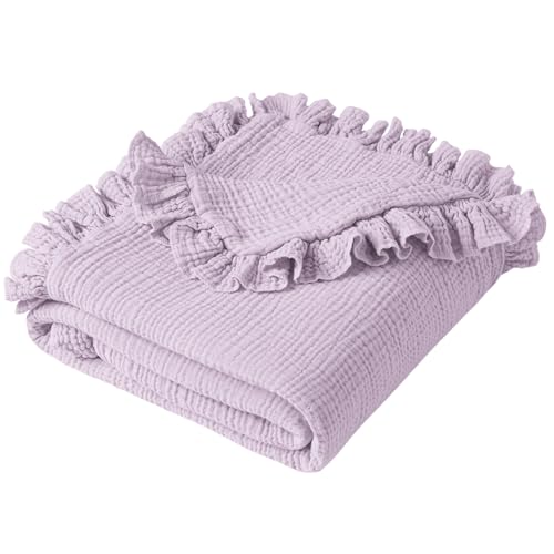 Konssy Flounce Muslin Baby Blanket for Girls Boys, 100% Cotton Soft Crib Swaddle Blankets, Reversible & Breathable Nursery Bedding for Newborns Toddlers, 43x39 Inches (Purple) - color: Purple, size: 43"x39"