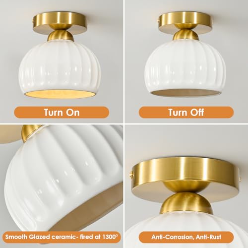 Glaze Ceramic Semi Flush Mount Ceiling Light - 2 Pack, Vintage Gold Hallway Light Fixtures, Milk White Globe Ceiling Lights, Mid Century Small Light Fixture for Cottage Entryway Laundry Room Foyer - color: Glaze Ceramic-Gold