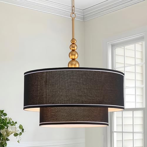 Shrine Lighting Double Drum Chandeliers, Farmhouse Style, Perfect Drum Pendant Light for Dining Room, D20'' x H10'', Adjustable Chains 55'', E12*4 Sockets, Black Linen Fabric Lampshade & Gold Rod - color: Black&Double D20''