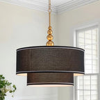 Shrine Lighting Double Drum Chandeliers, Farmhouse Style, Perfect Drum Pendant Light for Dining Room, D20'' x H10'', Adjustable Chains 55'', E12*4 Sockets, Black Linen Fabric Lampshade & Gold Rod - color: Black&Double D20''