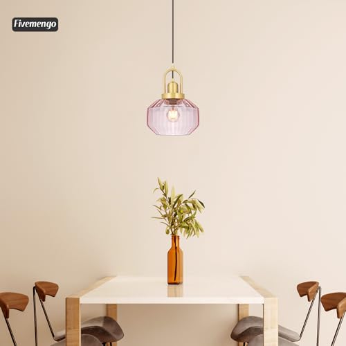 9in Mid Century Modern Pendant Light, Gold and Small Pink Glass | Vintage Lighting Fixture Ceiling Hanging Lamp for Kitchen Island Foyer Dining Room Bedroom Entryway Hallway Over Sink Table - color: Pink & Gold Hardwire, size: 9in