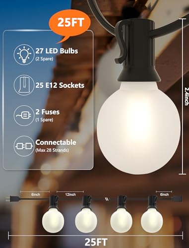 G40 Outdoor Globe Lights, 25FT Globe Christmas Lights with 27 LED Shatterproof Frosted Bulbs (2 Spare), Outdoor String Lights for Party Patio Garden Backyard Bistro Pergola Gazebo Decor, Black Wire - color: Frosted White-Black, size: 25FT
