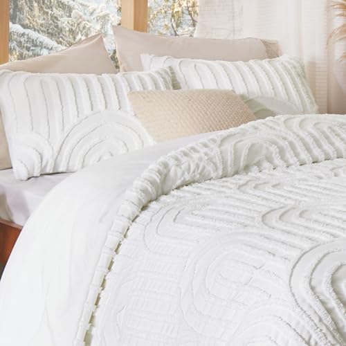 Bedsure Boho Tufted White Comforter Set Queen Size, GentleSoft™ 3 Pieces Boho Farmhouse-Style Decor Bedding, Arch Bedding for All Seasons, 1 Bed Comforter, 2 Pillow Shams, 90x90 Inches - color: 02 - Arch Jacquard White, size: Queen (90" x 90")