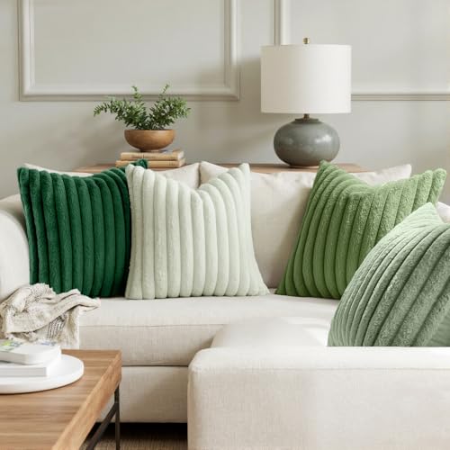 MIULEE Faux Fur Plush Decorative Throw Pillow Covers 20x20 Set of 4, Spring Modern Soft Fuzzy Striped Cushion Covers for Sofa Couch Bed Living Room Cozy Home Decor,Green - color: Green, size: 20" x 20" (Pack of 4)
