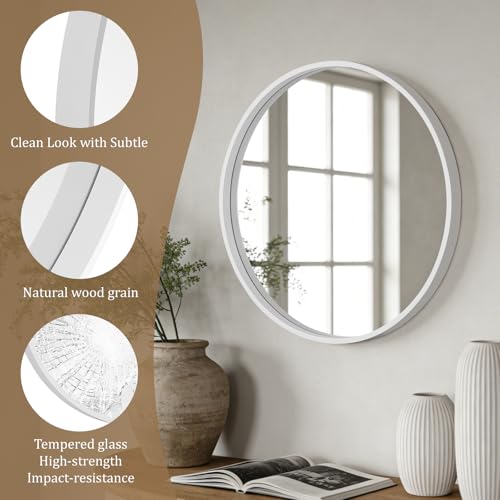 WallBeyond Round Wood Mirror 24 inch Circle Wall Mirror for Bathroom Round Wall Mirror for Wall Decor, Vanity, Entryway Living Room (White) - color: White, size: 24"L x 24"W