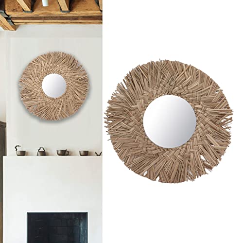 Retro Straw Weave Hanging Mirror, Rattan Boho Circle Mirrors for Wall Decor, Wall Mounted Mirror (Nature) - color: Nature