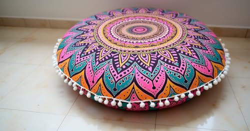 Round Mandala Floor Pillow Cover Seating Cushion Throw Cover Ottoman Pouf Cover Pom Pom Pillow Cases Hippie Decorative Bohemian Boho Indian 22 Inches (New Pink) - color: New Pink