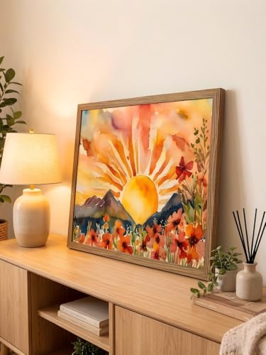 LBTZEVIR Framed Boho Sunset Wall Art 16x12 Inch Painting Poster Prints for Bedroom Home Office & Sun Room Decor Tropical Abstract Canvas Art for Living Room - color: The Sun, size: 16"L x 12"W