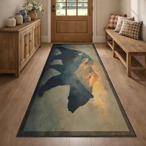 Bear Runner Rug 2.6x7, Rustic Black Bear Rug for Hallways, Vintage Cabin Style Rugs Non-Shedding & Easy Care, for Dining Room Kitchen Office - color: Western Wildlife, size: 2.6' X 7'(runner)