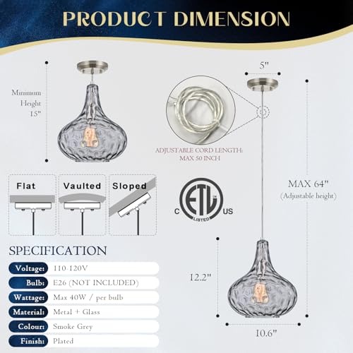 11" Smoked Hammered Glass Pendant Light – Modern Ceiling Hanging Fixture with Brushed Nickel Finish for Kitchen Island, Dining Room, Hallway, Entryway – E26 Base - color: Smoked