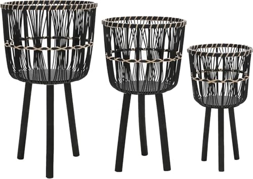 Set of 3 Woven Basket Decorative Planter Pot – Bamboo & Pine Wood Outdoor & Indoor Plant Pot – Modern Boho Garden and Home Decor Planters – 19", 23", & 26", Black - color: Woven Black/Natural, size: 26" H