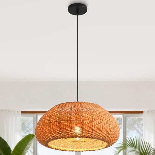 Farmhouse Pendant Light, 19" Rattan Handwoven Boho Chandelier for Dining Room, Farmhouse Ceiling Light Fixture with Adjustable Cord, Natural Wicker Hanging Lamp for Kitchen Island, Bedroom, E26 Base - color: D3038