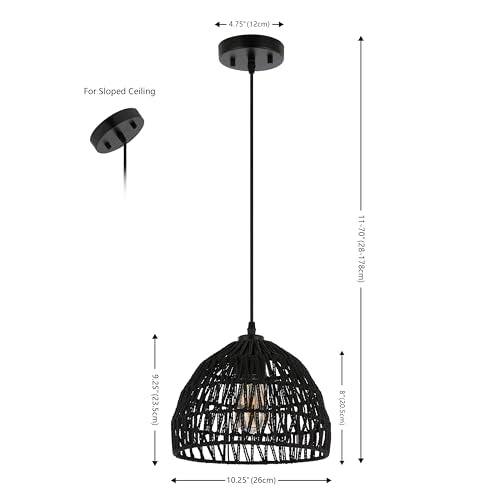 JONATHAN Y 10.25" Black Modern Bohemian Woven Rope LED Pendant Light Fixture, Adjustable Dome Ceiling Lamp for Kitchen Island, Rope Shade, Coastal Farmhouse Decor (JYL6513B) - color: Black, size: 10.25"