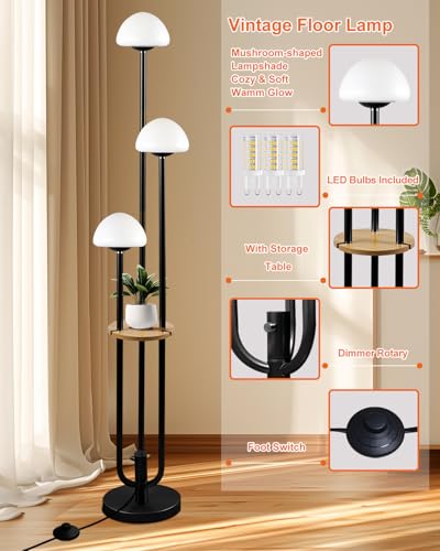Black Dimmable Floor Lamp with Table, Modern Floor Lamps with Mushroom Shades for Living Room, 3000K Warm White Tall Standing Lamp with Bulbs& 5Lbs Heavy Base for Bedroom/Office - color: 3 Mushroom-Black