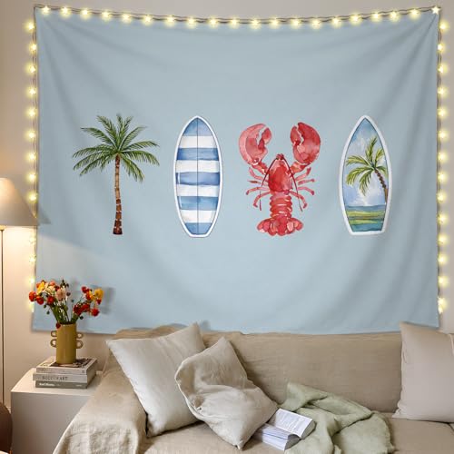 SkyCozy Blue Surf Coastal Beach Wall Tapestry,Surf Board Room Decor, Summer Coastal Preppy Trendy Retro East Coast Coquette Surfboard Crawfish Tapestry Decor for Girls Room College, 50x60 Inch - color: 01- Surf Coastal Tapestry(Blue)
