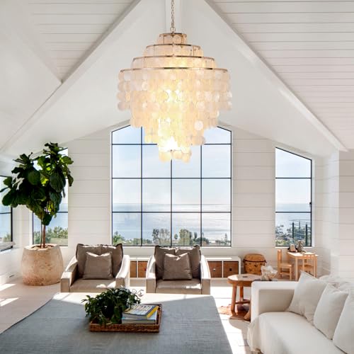 Coastal Capiz Shell Chandelier 24 inch Gold Natural Seashell Farmhouse Boho Chandelier 4-Light Pendant Light Fixture for Living Room Foyer Kitchen Island Entryway Dining Room Bedroom,LED Bulb Included - size: 24 inch