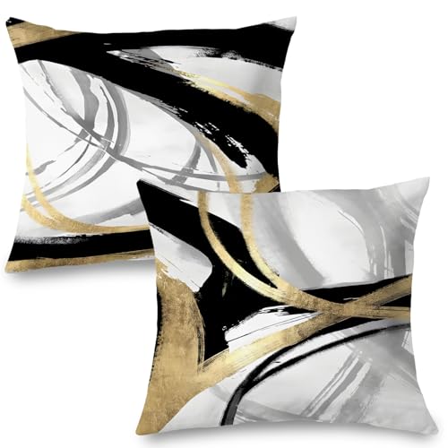Black White and Gold Pillow Covers, Abstract Black and Gold Pillow Covers 26x26 Set of 2, Modern Boho Home Decor, Black and Gold Pillows Decorative Throw Pillows for Couch Living Room Bedroom - color: Black White and Gold, size: 26" x 26" (Pack of 1)