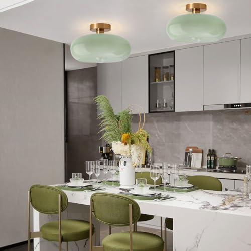 Mid Century Ceiling Light Milk Glass Ceiling Light fixtures Round Dome Shade Gold Brass Modern Semi Flush Mount Ceiling Light, Milk Green Ceiling Lamp for Hallway Dining Room Kitchen - color: Flush Milk Green 2