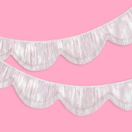 FYSUIMU 6.6 Ft Iridescent White Scalloped Banner Hanging Layered Sparkly Holographic Fringe Garland for Wine Birthday Wedding Bachelorette Party Backdrop Decor - color: Iridescent White