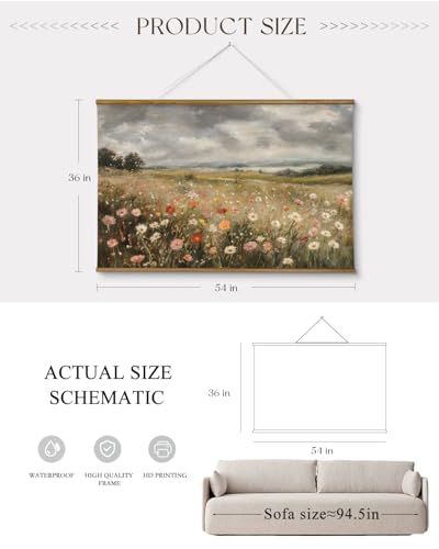 ARPEOTCY Extra Large Vintage Framed Wall Art, 36x54 Inch Colorful Wild Flowers Landscape Hanging Framed Wall Art Decor for Living Room Bedroom Office, Retro Rustic Home Decor Aesthetic - color: Sunny Flower Field