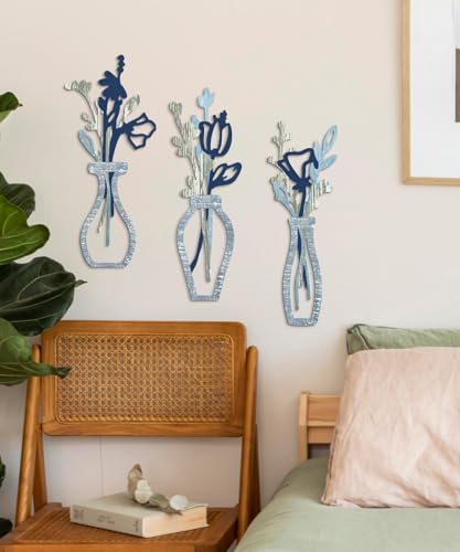 Putuo Decor 3 Pieces Wood Flowers Wall Decor Rustic Farmhouse Decor Blue Minimalist Flower Wall Art Modern Floral Vase for Living Room Bathroom Bedroom Dining Room - color: Light Blue