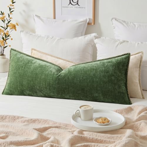 decorUhome Chenille Soft Cozy Throw Pillow Covers 14x36 Set of 1, Modern Farmhouse Boho Velvet Decorative Pillow Cases with Stitched Edge for Couch Sofa Bed Home Decor, Forest Green - color: Forest Elf, size: 36" x 14" (Pack of 1)