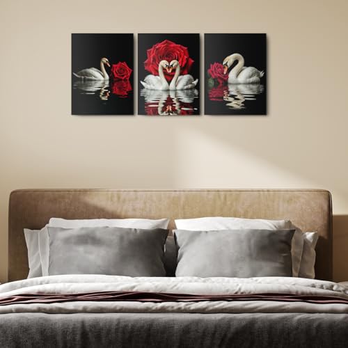 3 Pcs Romantic Swans Red Rose Canvas Wall Art, Animal Swan Wall Decor Framed Prints for Home Bedroom Living Room Office Apartment Decor, Housewarming Gifts 11.5x15 Inch - color: Multi 1366