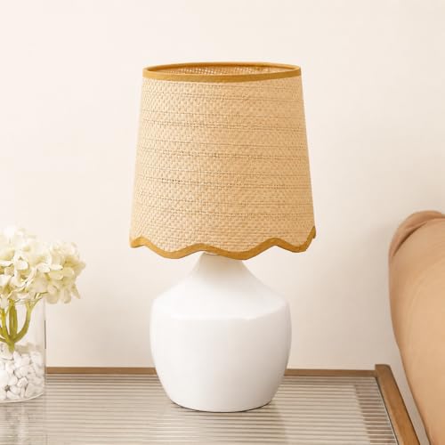 Boho Rattan Ceramic Table Lamp,Small White Ceramic Bedroom Bedside Nightstand Lamp with Rustic Woven Shade,Small Coastal Desk Lamps for Living Room End Table Kids Room