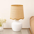 Boho Rattan Ceramic Table Lamp,Small White Ceramic Bedroom Bedside Nightstand Lamp with Rustic Woven Shade,Small Coastal Desk Lamps for Living Room End Table Kids Room