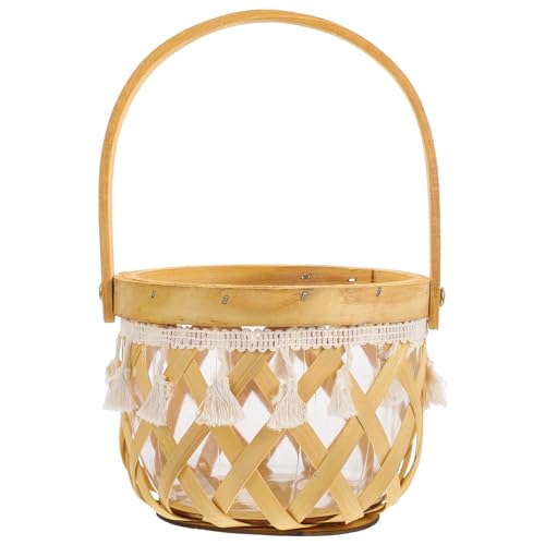 TOYANDONA Woven Flower Display Basket with Handle, Handcrafted Hollow Round Wood Strip Planter for Indoor Plant Pots and Decorative Storage in Pastoral Style