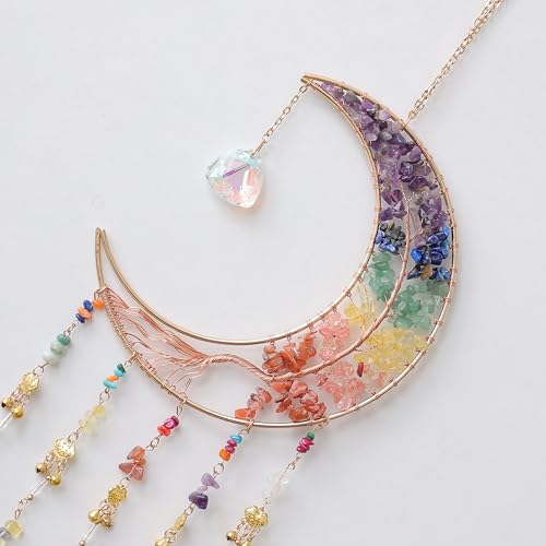 7 Chakra Wind Chimes Tree of Life Agate Moon Dream Catchers Hanging Ornament Natural Gem Agate Slice Crystal Wind Chime for Home Garden Decoration (Color) - color: Color