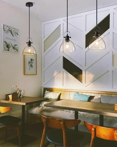 Pendant Lights Kitchen Island, 7.5 Inch Glass Pendant Lights Kitchen Island, Black Pendant Lighting with Adjustable Rod, Industrial Hanging Island Pendant Light for Kitchen, Bedroom (2 Pack) - color: Clear Glass-Black+Rod, size: 2-Pack