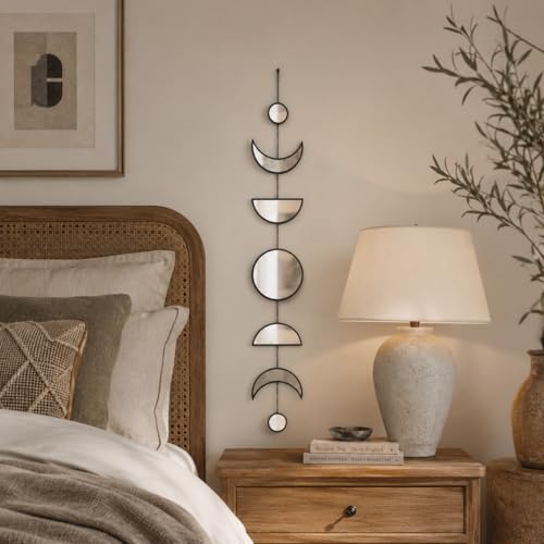 7 Pcs Moon Phase Wall Decor, Acrylic Mirror with Wooden Backboard, Boho Hanging Moon Cycle Wall Art for Bedroom Living Room Home Decor - color: Black（style 2）