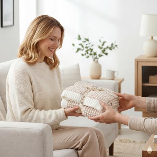 Snuggle Sac Cream Waffle Throw Blanket for Couch Bed Sofa 50x60 inches, Reversible Beige Blanket Microfiber Fluffy Fuzzy Cozy Knit Soft Throws for Women Mothers Birthday Gifts - color: Waffle Beige Cream, size: Throw(50"x60")