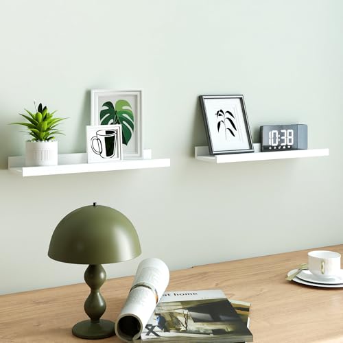 White Floating Shelves for Wall Decor, Wall Mounted Wood Storage Shelf for Bedroom, Living Room, Bathroom, Kitchen, Nursery, Display Picture Ledge Shelf with Lip Set of 2-16 Inches, White - color: White, size: 15.8in