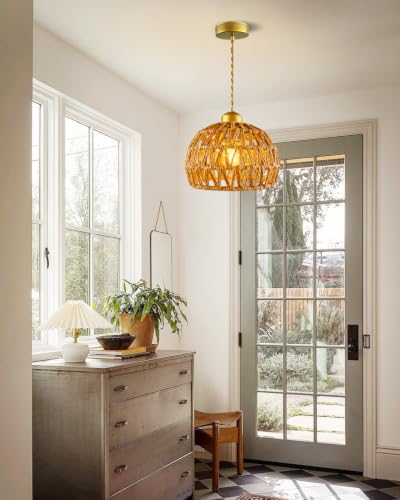 Rattan Pendant Light Fixtures, 7.6” Boho Woven Basket Pendant Light, Handmade Wicker Hanging Lamp, Rustic Wicker Chandelier for Kitchen Island, Dining Room, Living Room, Bedroom, E26 Base - color: 7.67″-Round
