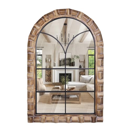 36x24 Inch Arched Window Pane Wall Mirror - Rustic Farmhouse Solid Wood Decorative Mirror for for Living Room, Bedroom, Entryway & Bathroom - color: E - Window - 36x24 in
