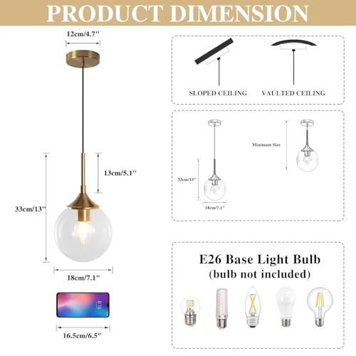 KCO Lighting Brushed Gold Kitchen Pendant Light 7” Modern Clear Glass Globe Pendant Light Brass Dining Room Light Fixture Mid Century Entryway Hanging Light Fixture (2 Pack) - color: Gold+Clear-2PC